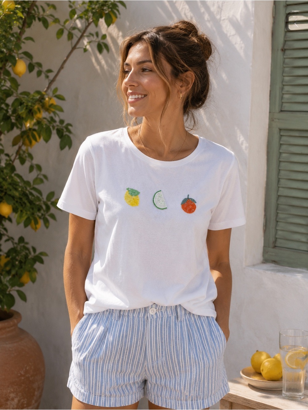 NWT LIV Milano Womens Eggshell Beaded Fruit Graphic Tee Medium